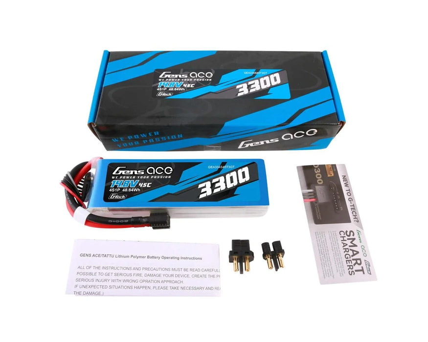 Gens Ace 4S 14.8V 3300mAh 45C LiPo Battery w/Universal Connector - GEA334S45T3