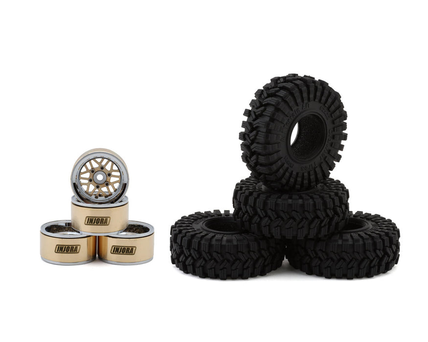 Injora 1.0" Deep Dish Aluminum Micro Crawler Beadlock Wheels w/Swamp Claw Tires (S5) (Gold/Chrome) (4) (37g ea) (62mm OD) - YQW-MW1014SR-1014