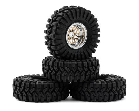 Injora 1.0" Deep Dish Aluminum Micro Crawler Beadlock Wheels w/Swamp Claw Tires (S5) (Gold/Chrome) (4) (37g ea) (62mm OD) - YQW-MW1014SR-1014