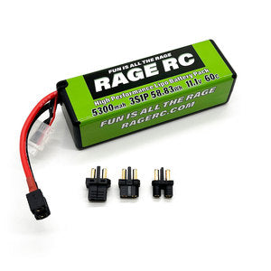 Rage 5300mAh 3S 11.1V 60C Hard Case LiPo Battery with Universal Connector EC3, XT60, T-Plug - RGRLP53003S60U