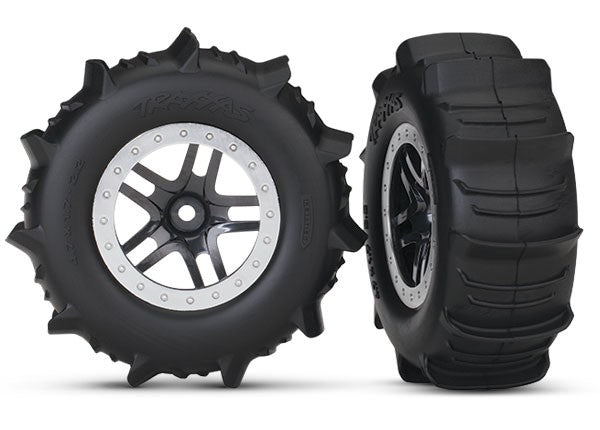 Traxxas Rear Paddle Tires & SCT Split-Spoke Satin Chrome Wheels Assembled - 5891