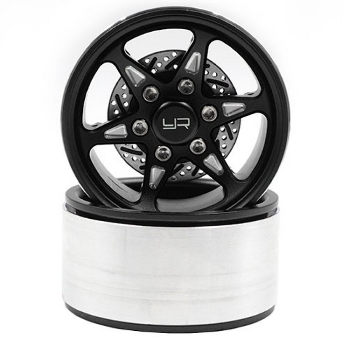 Yeah Racing 1.9-inch Aluminum CNC BXN 6 Spoke Beadlock Wheels w/ Brake Rotors (2pcs) Black - WL-0127BK