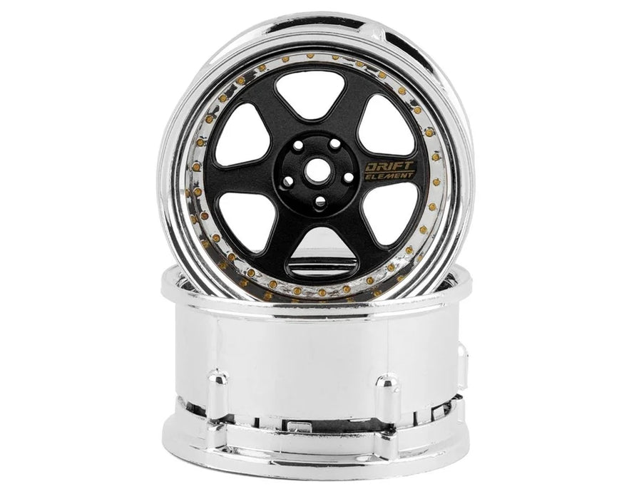 DS Racing Drift Element 6 Spoke Drift Wheels (Black & Chrome w/Gold Rivets) (2) (Adjustable Offset) w/12mm Hex - DSC-DE-213