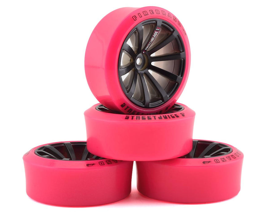 Firebrand RC Switchblade XDR6 5° Pre-Mounted Slick Drift Tires (4) (Black/Pink) w/Pinx Tires, 12mm Hex & 6mm Offset - FBR1WHESWI985