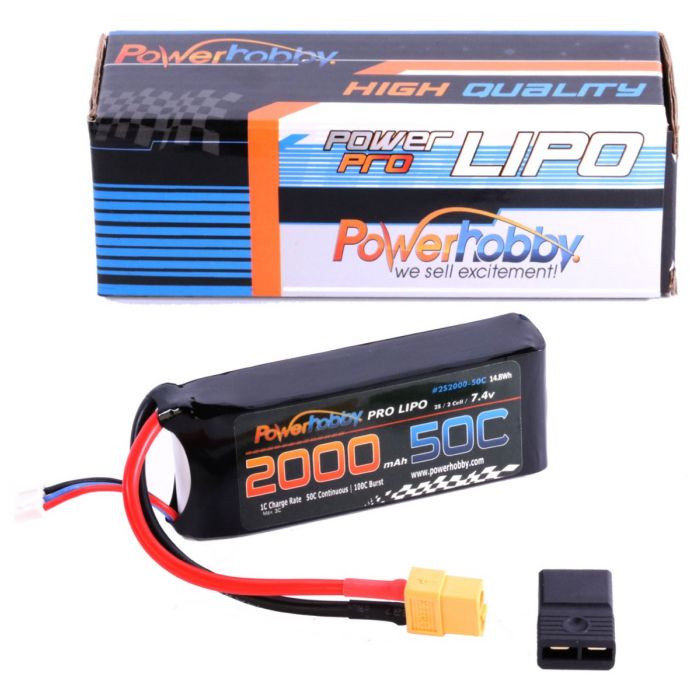 PowerHobby 2S 7.4v 2000mAh 50C LiPo Battery w/ XT60 & Popular Adapter - PHB2S200050CXT60APT