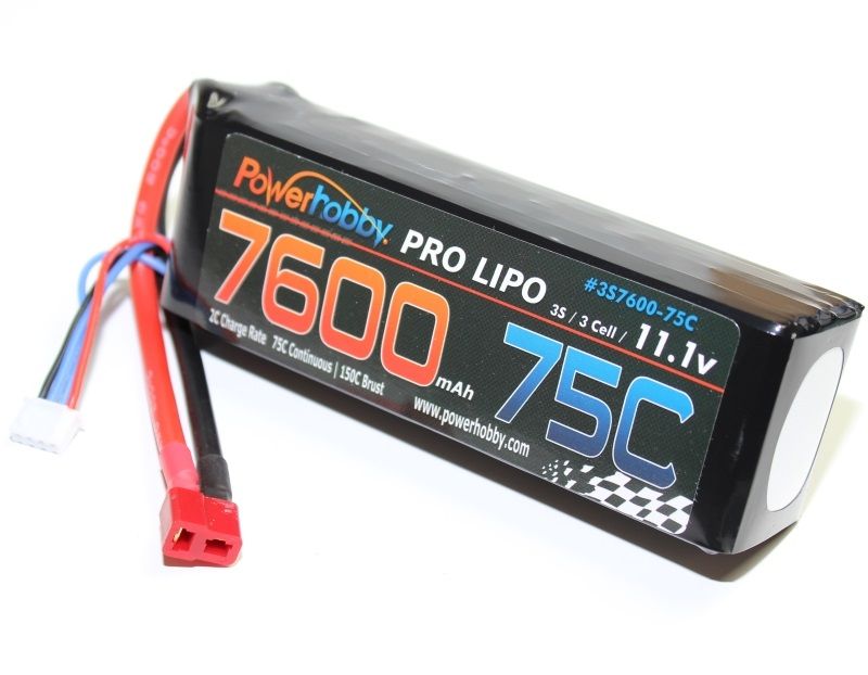 Power Hobby 7600mAh 11.1V 3S 75C LiPo Battery with Hardwired T-Plug - PHB3S760075CDNS