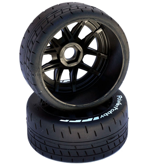 PowerHobby 1/8 GT Beast Belted Mounted Tires 17mm Medium Black Wheels Pair - PHBPHT2401MB