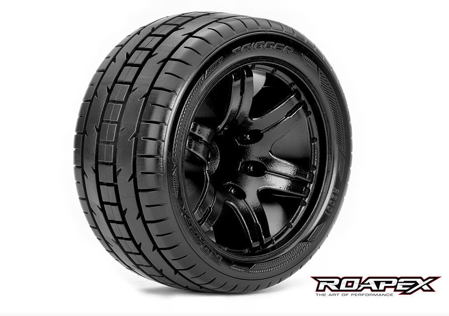 Roapex R/C Trigger 1/10 Stadium Truck Tires, Black Wheels, 0 Offset, 12mm Hex (1 Pair) - ROPR2001-B0