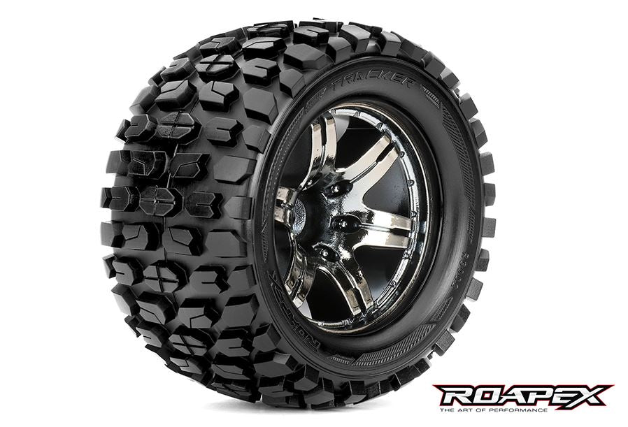 Roapex R/C Tracker 1/10 Monster Truck Tire Chrome Black Wheel with 1/2 Offset (Pair) - ROPR3002-CB2