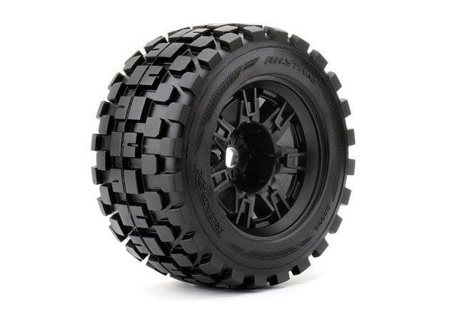 Roapex R/C Rythm 1/8 Monster Truck Tires Mounted on Black Wheels, 1/2" Offset, 17mm Hex (Pair) - ROPR4004-B2